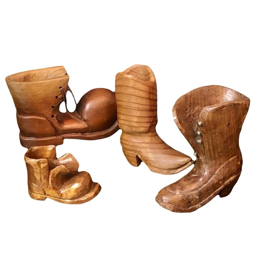 Lot of 4 Vintage Miniature Hand Carved Wooden Boots Folk Art - Artist Signed